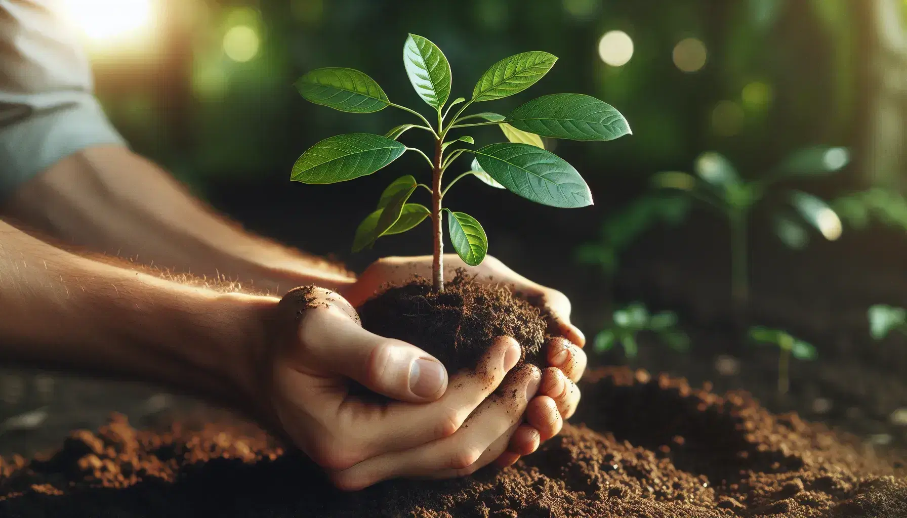 Manos sosteniendo cuidadosamente un árbol joven con raíces y tierra, simbolizando crecimiento y cuidado ambiental en un fondo desenfocado natural.