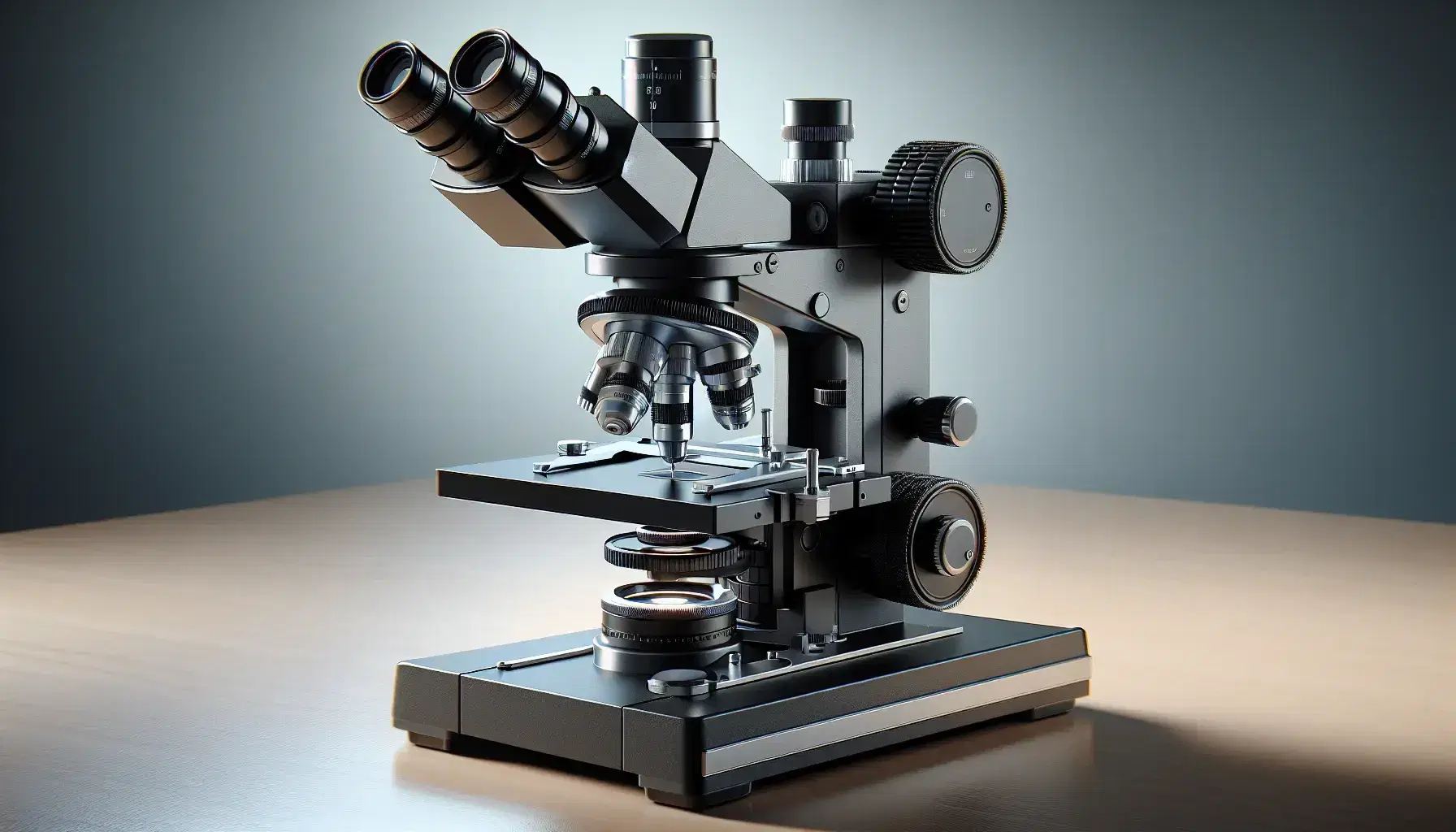 Microscopio compuesto moderno en laboratorio con base negra, brazo metálico, binocular, revolver con cuatro objetivos y etapa con pinzas, sin personas.