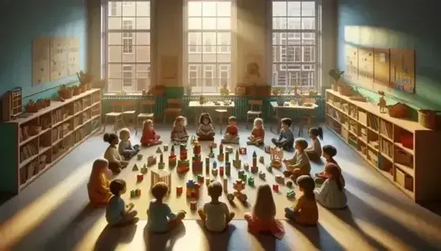 Niños de diversas edades sentados en círculo en un aula, jugando con bloques de construcción de colores y interactuando entre ellos, con estantería de libros al fondo.