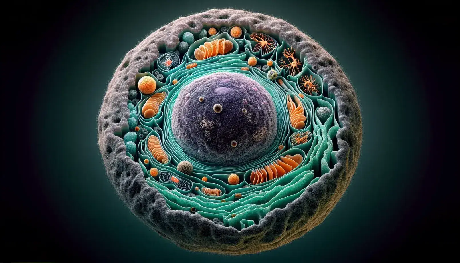 Vista microscópica de célula eucariota con núcleo púrpura, envoltura nuclear, citoplasma verde azulado, mitocondrias naranjas y vesículas amarillas.