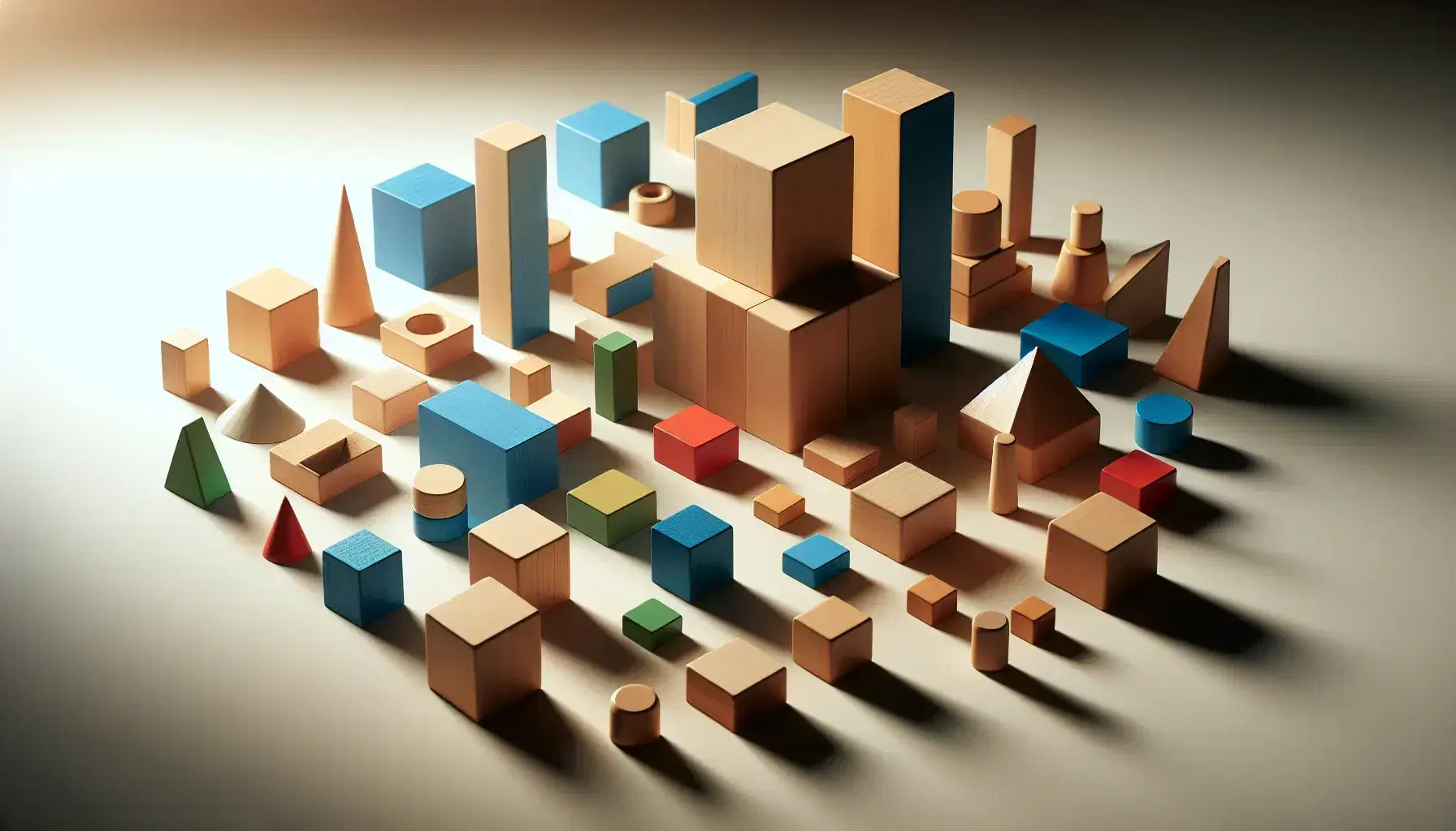 Bloques de madera geométricos de colores variados, con un bloque rectangular azul central, dispuestos sobre superficie lisa creando sombras suaves.