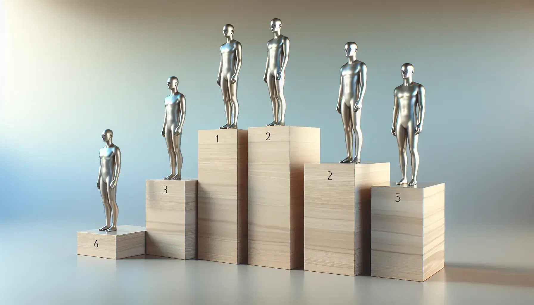 Five light wooden podiums increasing in height with silver metal human figures above, blue-white gradient background, soft shadows.