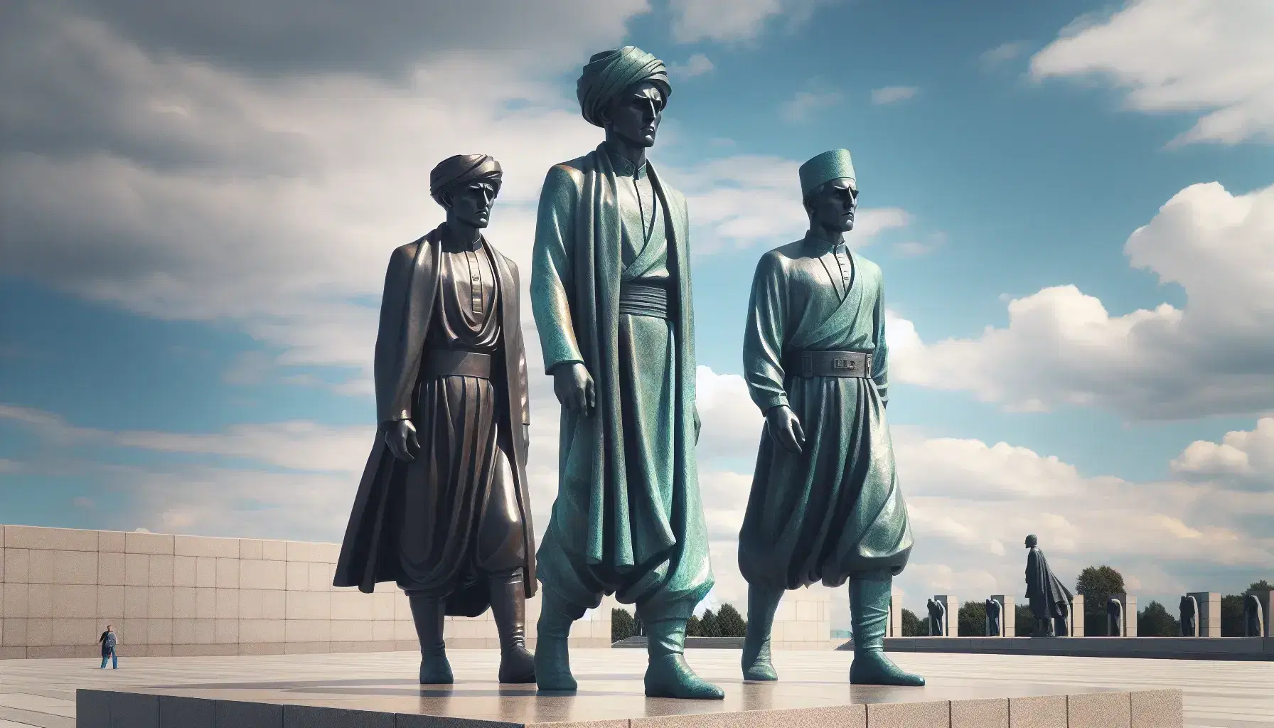 Tres estatuas de bronce a tamaño real de hombres en trajes tradicionales de distintas culturas avanzan sobre pedestales de piedra bajo un cielo azul.