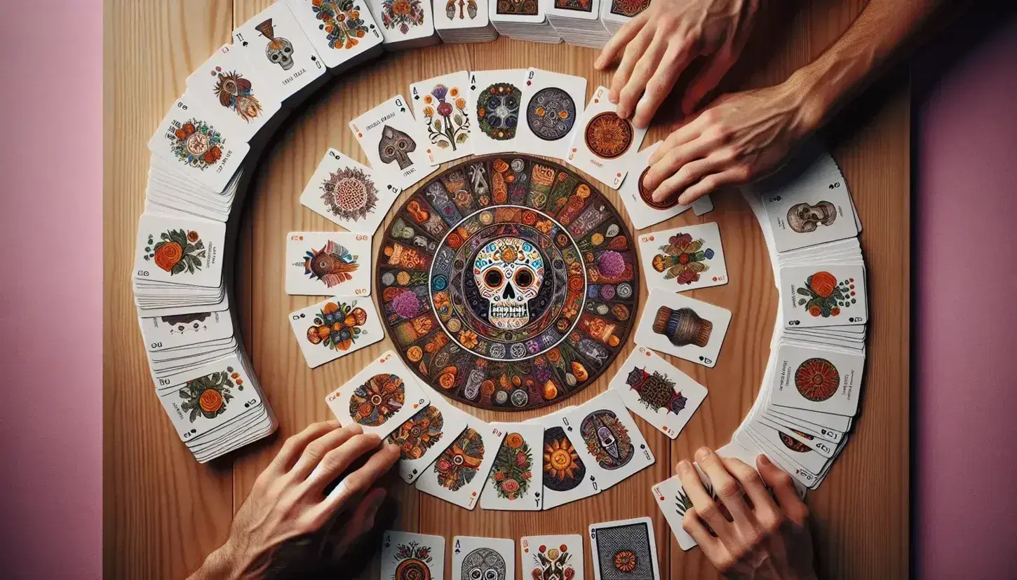 Mesa de madera con cartas de juego coloridas con ilustraciones de calaveras y elementos folclóricos, rodeadas por manos de distintos tonos de piel.
