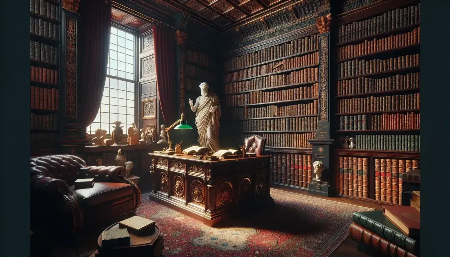 Biblioteca antica con scaffali in legno scuro pieni di libri rilegati, scrivania centrale, statua marmorea, tende rosse e tappeto persiano.