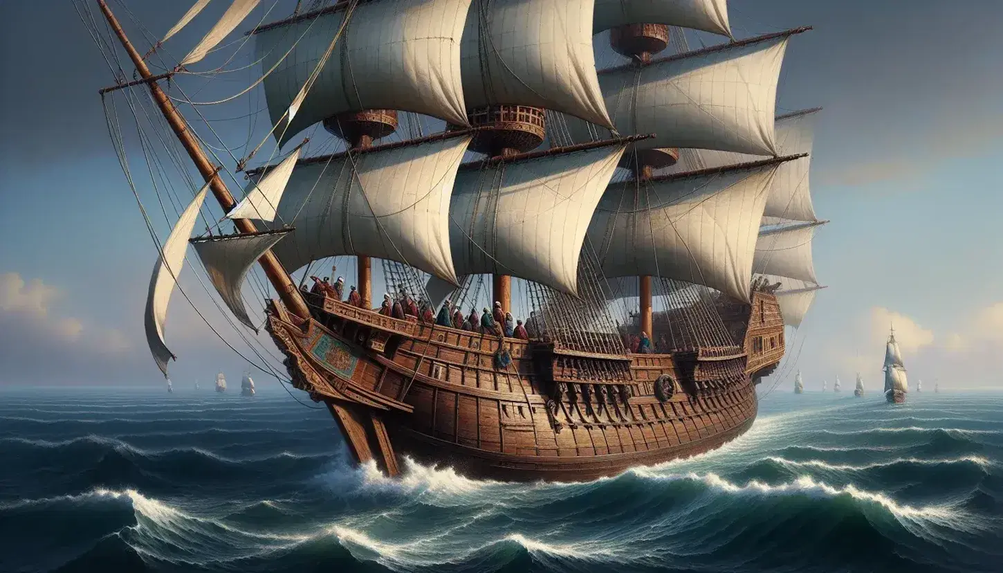 Ottoman wooden galley with billowing white sails navigates the blue-green sea, sailors in period attire work on deck under a clear sky.