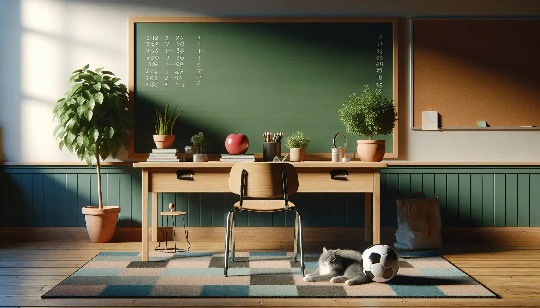 Aula scolastica tranquilla con scrivania in legno, mela rossa, pallone, pianta, gatto addormentato, lavagna verde e tappeto a scacchi.