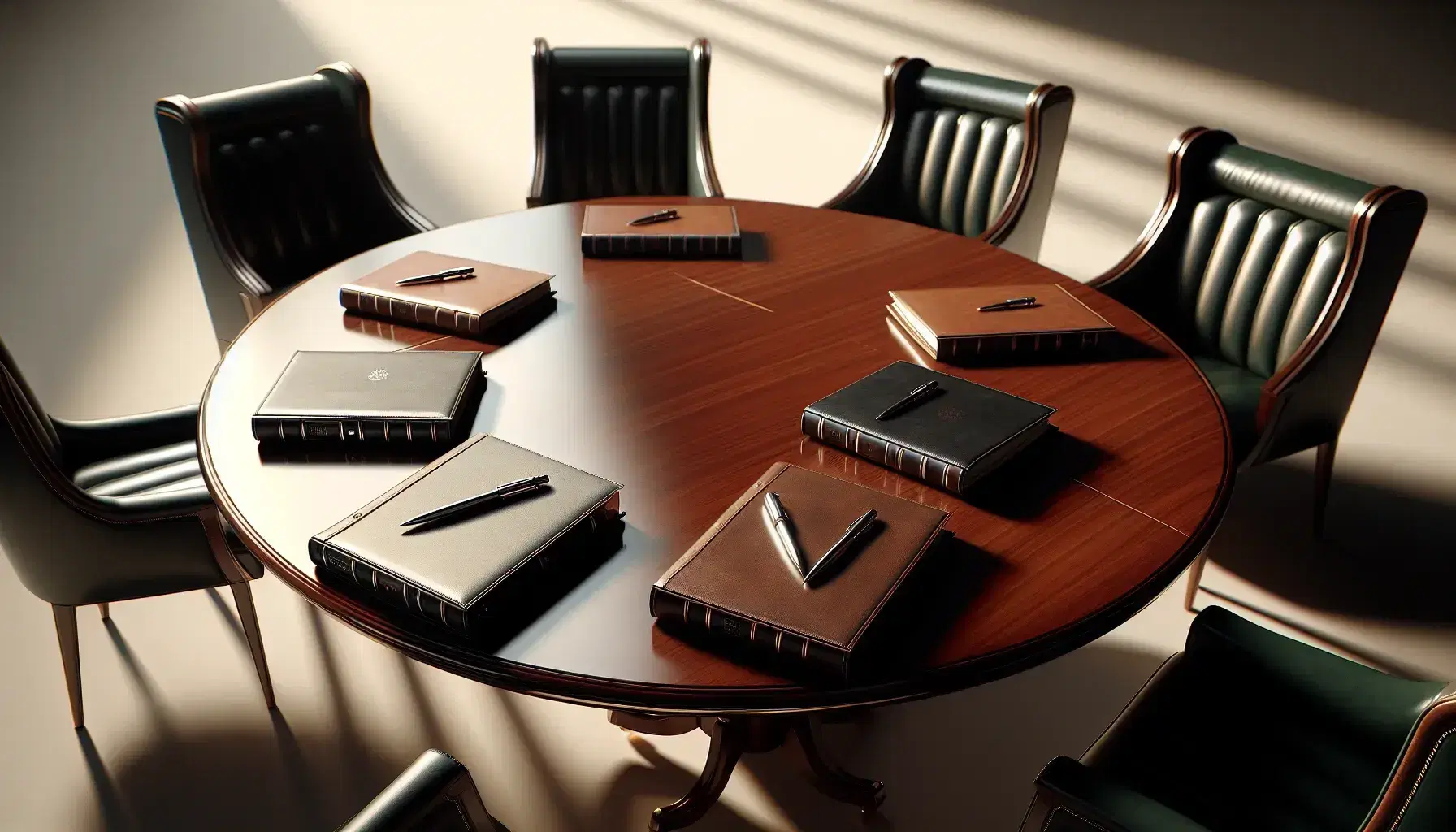 Polished mahogany round table with leather folders and a silver ballpoint pen, surrounded by dark green leather high-back chairs in a softly lit room.