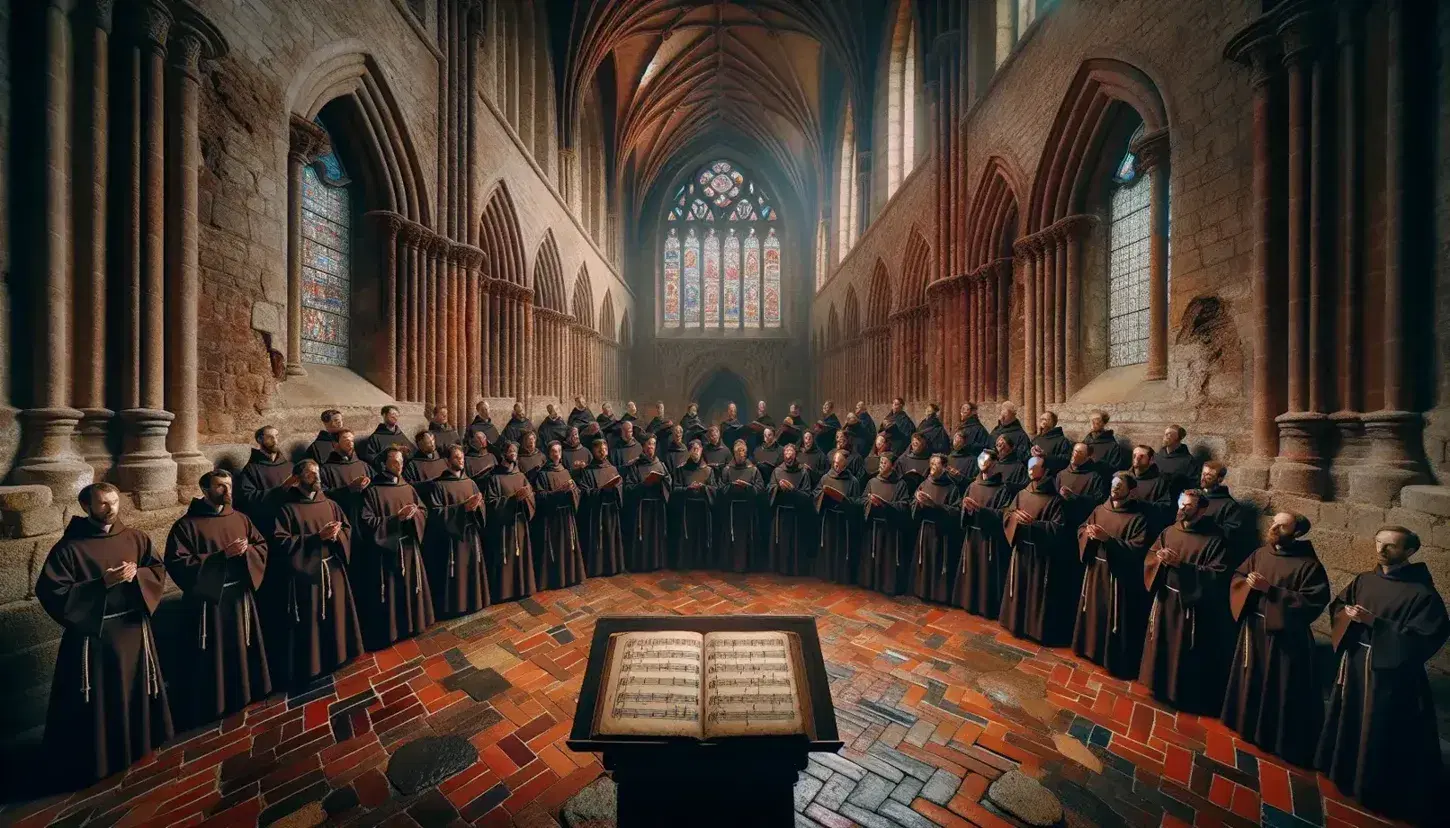 Coro di monaci in abiti tradizionali canta in chiesa antica con vetrate colorate, riflessi sul pavimento e antico manoscritto musicale in primo piano.
