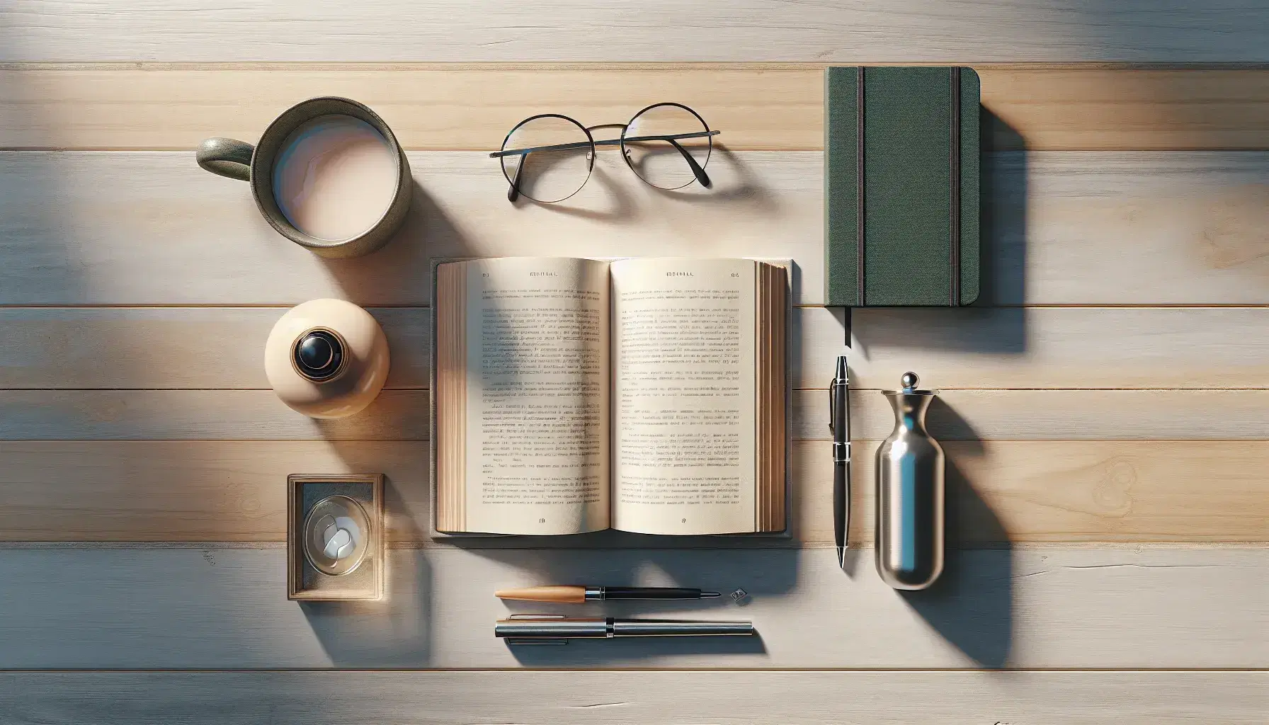 Mesa de madera clara con libro abierto, gafas negras, taza azul pastel con vapor, cuaderno verde oscuro, pluma metálica y marcador amarillo neón.