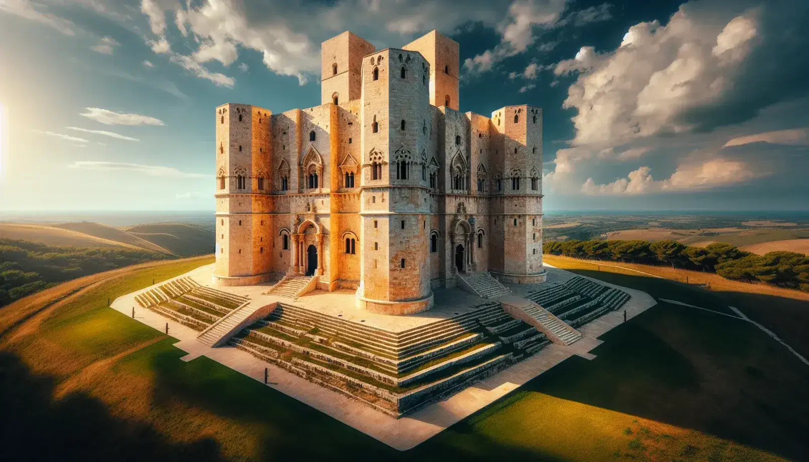 Castel del Monte in Puglia, struttura ottagonale con torri angolari e mura in pietra calcarea, circondato da prato verde sotto cielo azzurro.