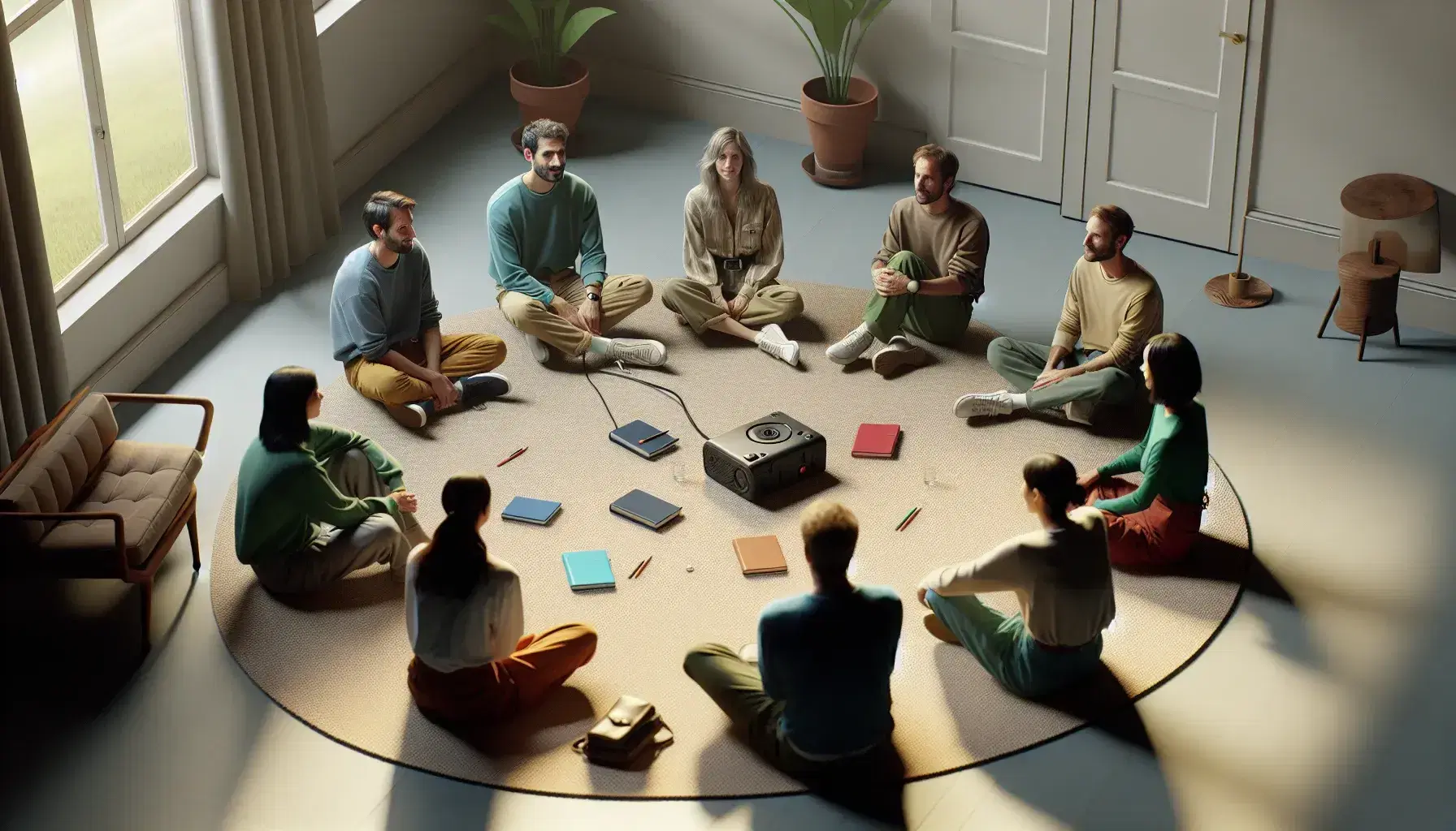 Grupo de cinco personas en reunión informal sentadas en círculo con cuadernos y grabadora en el centro, en una habitación iluminada con planta de interior.