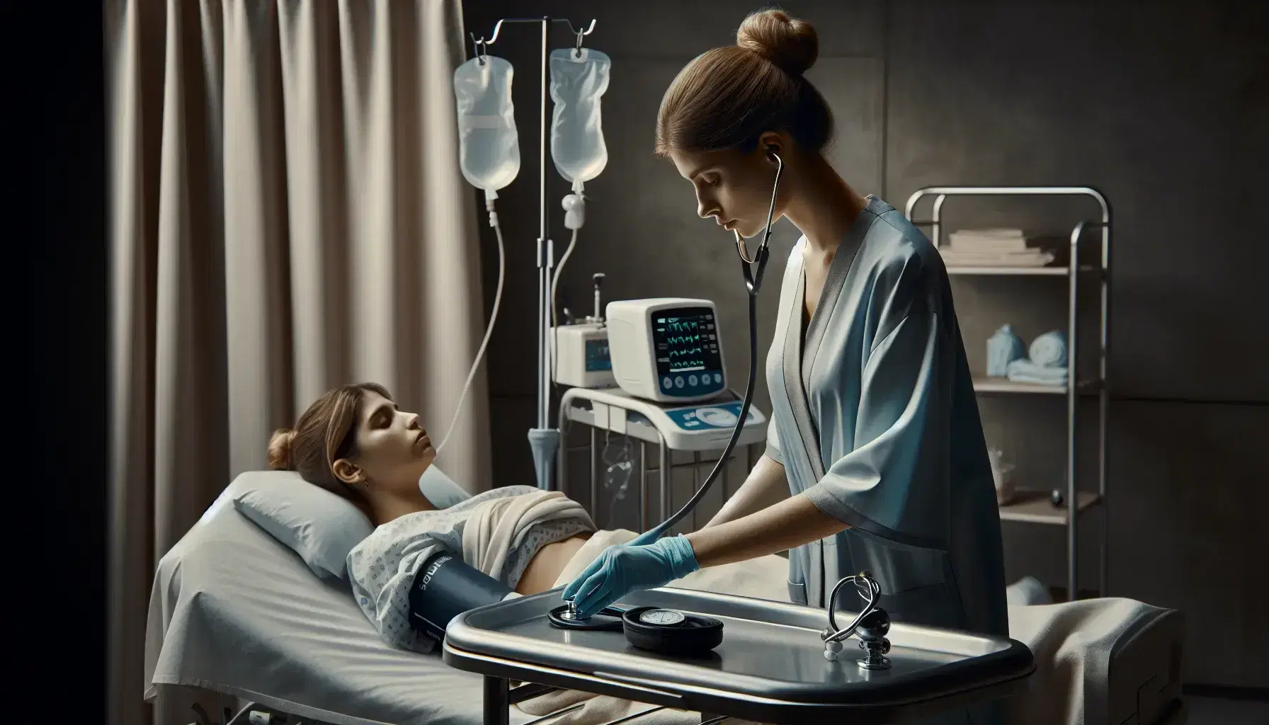 Enfermera realizando chequeo médico a paciente en cama de hospital, usando estetoscopio y tomando la presión arterial, en un entorno clínico tranquilo.