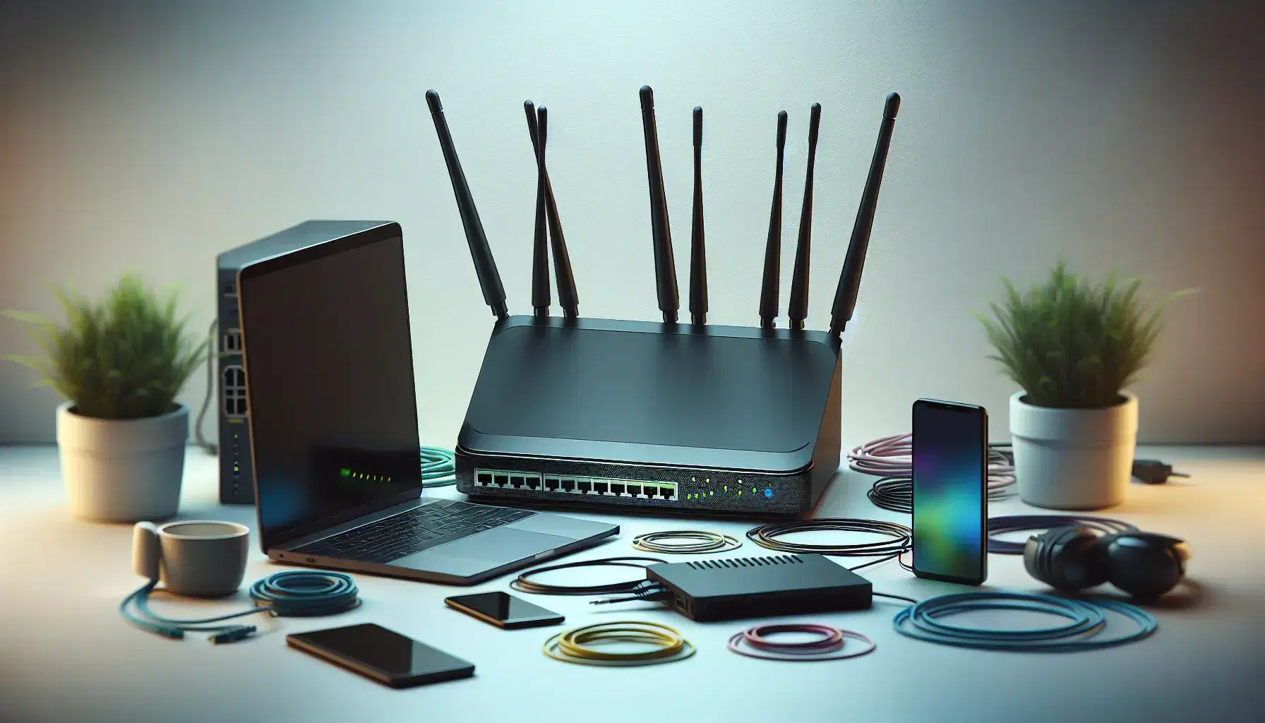 Router negro con antenas, laptop cerrado, smartphone encendido y dispositivo de red con cables y planta al fondo en superficie clara.