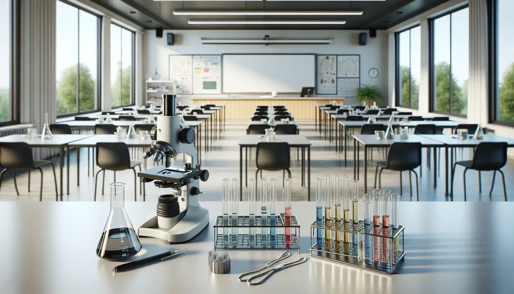 Aula escolar moderna y luminosa con mesas de laboratorio y microscopios metálicos, tubos de ensayo con líquidos de colores y matraz de Erlenmeyer, sin personas.