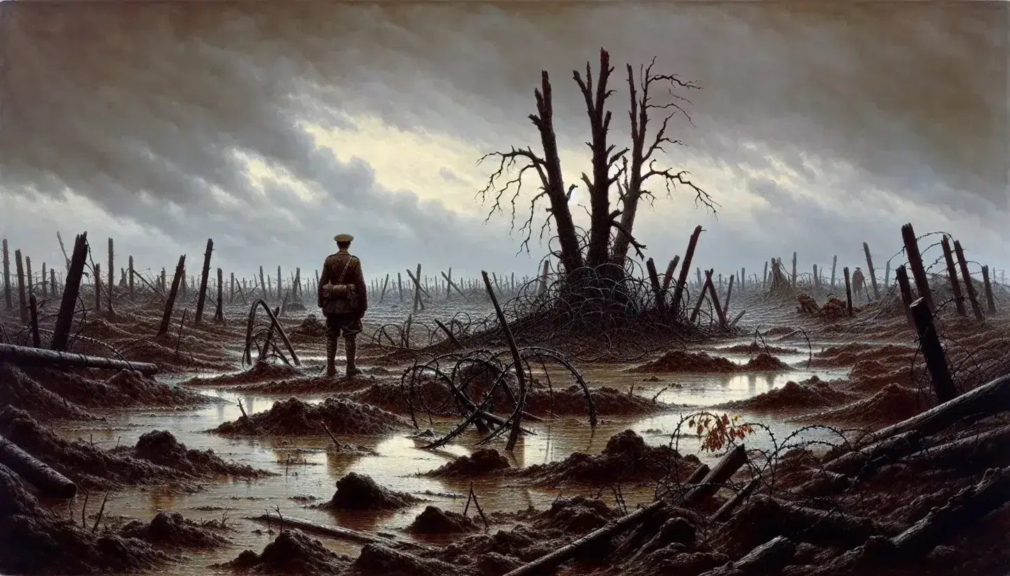 World War I battlefield aftermath with muddy craters, barbed wire, splintered trees, overcast sky, and a solitary soldier gazing out.