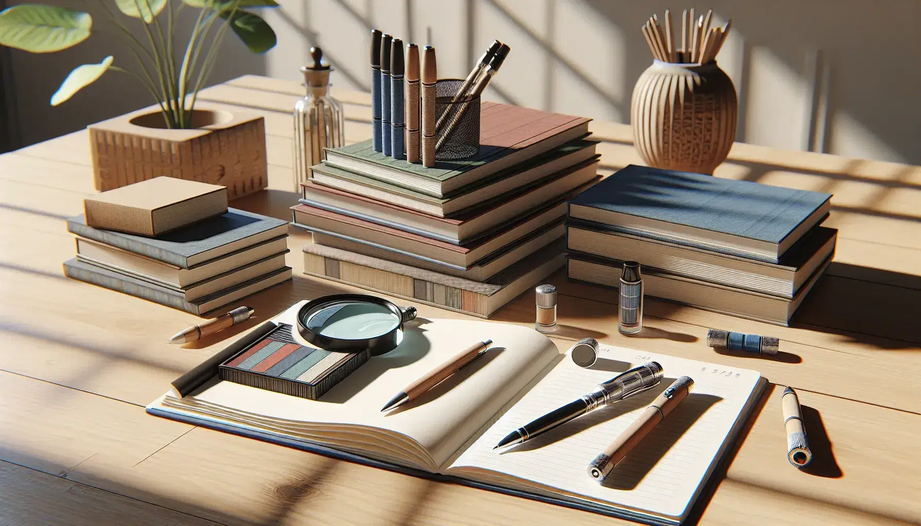 Mesa de madera clara con libros apilados desordenadamente, lupa sobre papel en blanco, cuaderno abierto sin escribir y pluma, planta en maceta marrón al fondo.