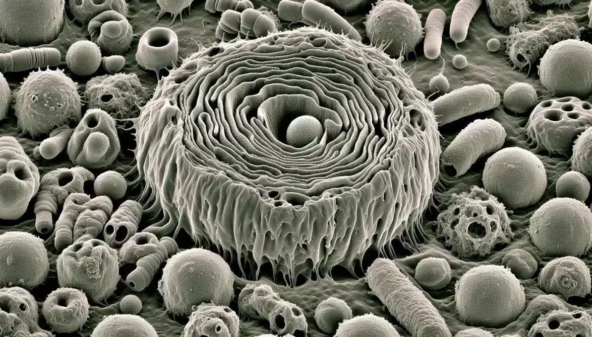Microfotografia elettronica a colori di cellula eucariotica animale con nucleo, nucleolo, mitocondri, reticolo endoplasmatico e complesso di Golgi.