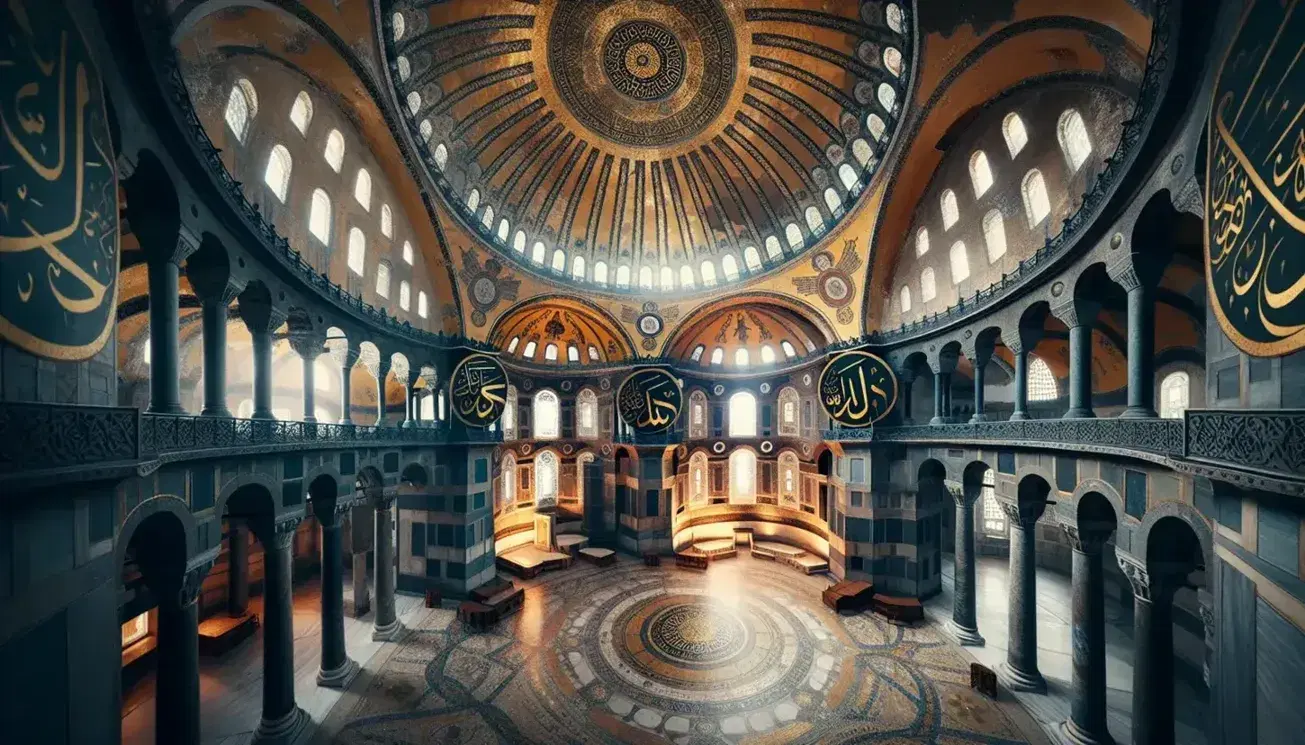 Interno della cupola di Santa Sofia con mosaici dorati, pendentivi, colonne marmoree e giochi di luce dalle finestre.