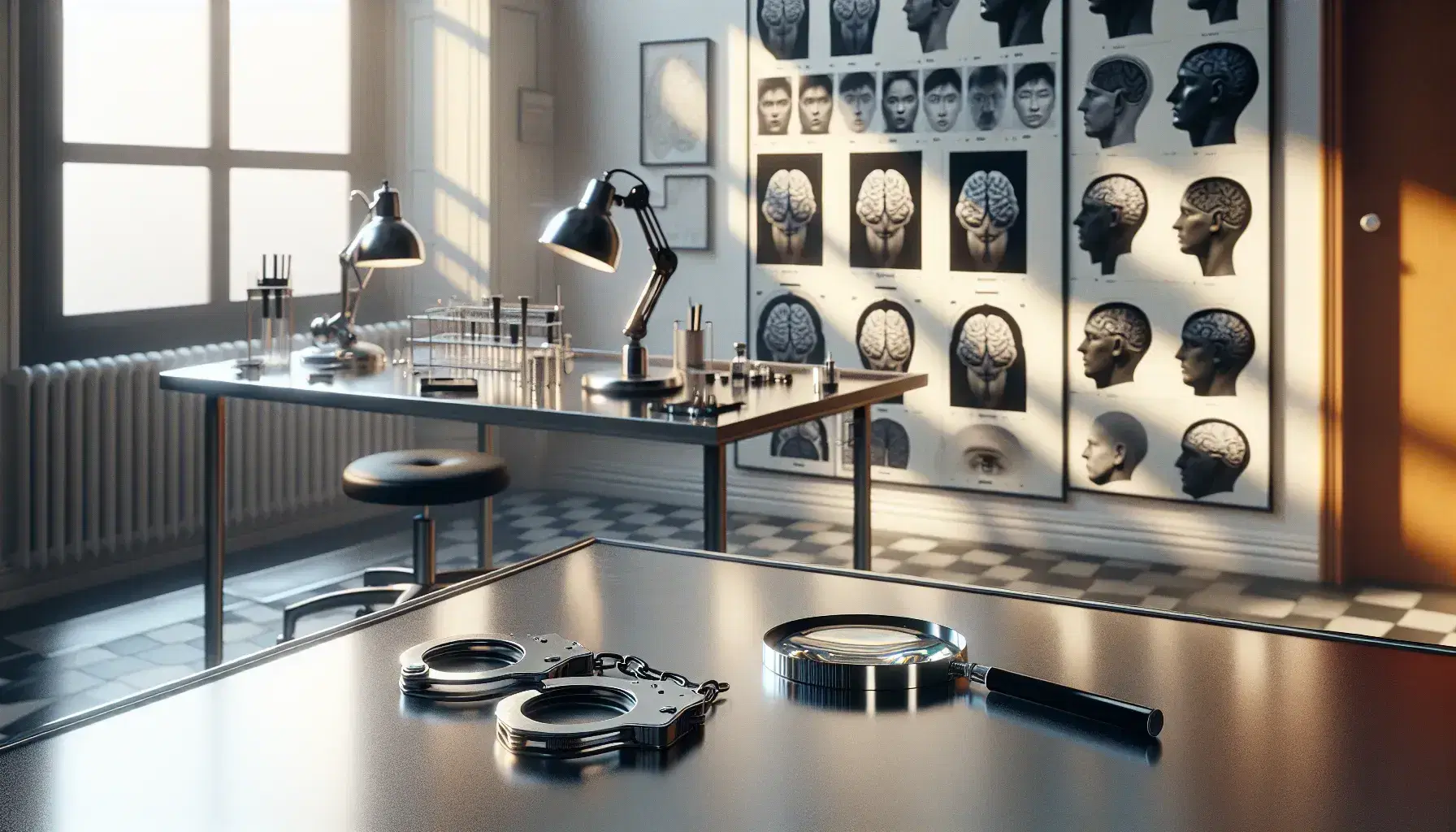 Laboratorio de psicología criminal con mesa de trabajo, esposas metálicas, lupa y fotografías de expresiones faciales, taburete y póster de cerebro humano.