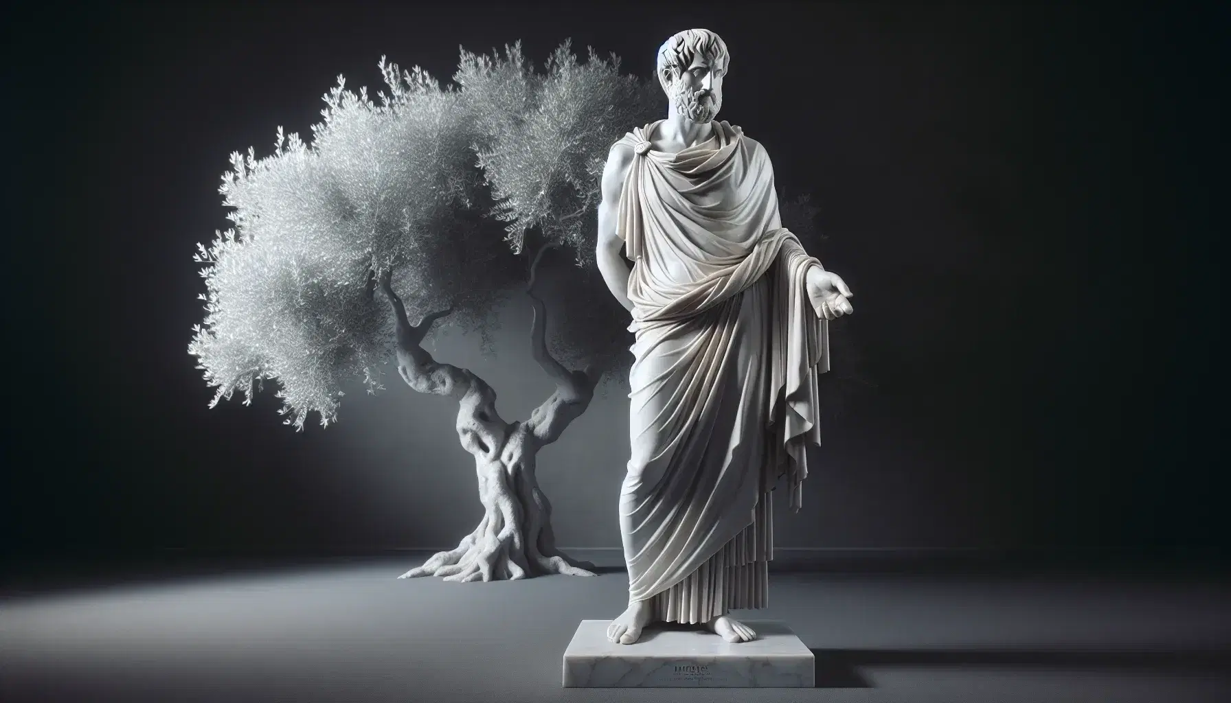 Estatua de mármol blanco de Aristóteles con túnica, extendiendo la mano derecha y sosteniendo un papiro, junto a un olivo plateado-verde bajo un cielo azul claro.