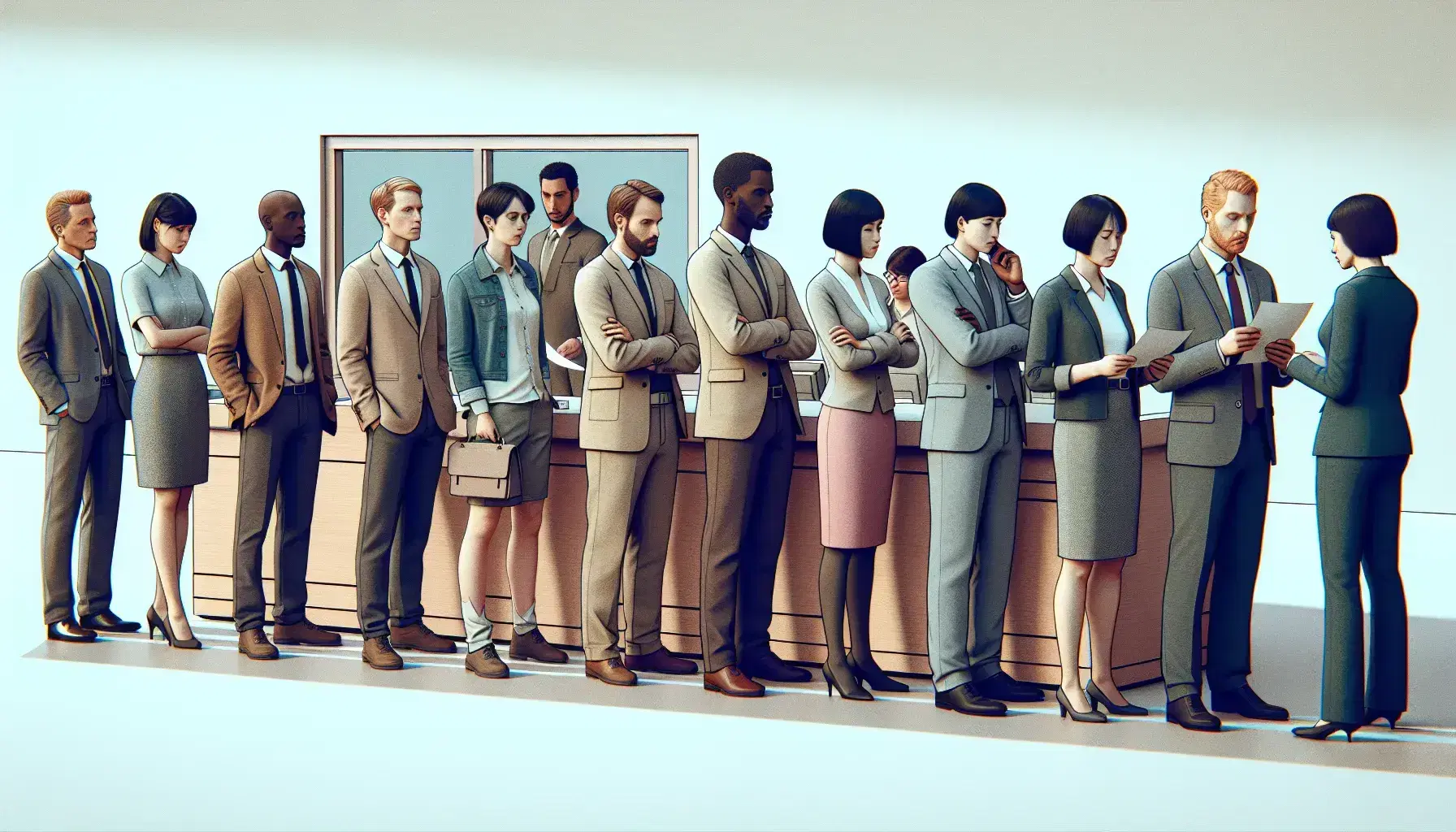 Personas diversas en fila esperando atención en un mostrador con empleado al fondo gestionando documentos, reflejando variedad de estatus socioeconómico.