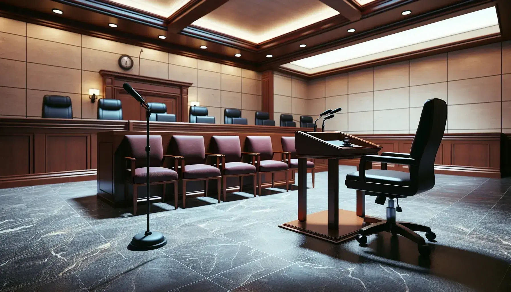 Empty courtroom with wooden witness stand, black microphone, benches for jury and spectators, black leather judge's bench and blue-gray carpet.