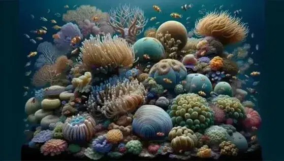 Vibrant underwater scene of a coral reef with colorful fish, corals, anemones and divers in the distance, reflections of sunlight on the seabed.