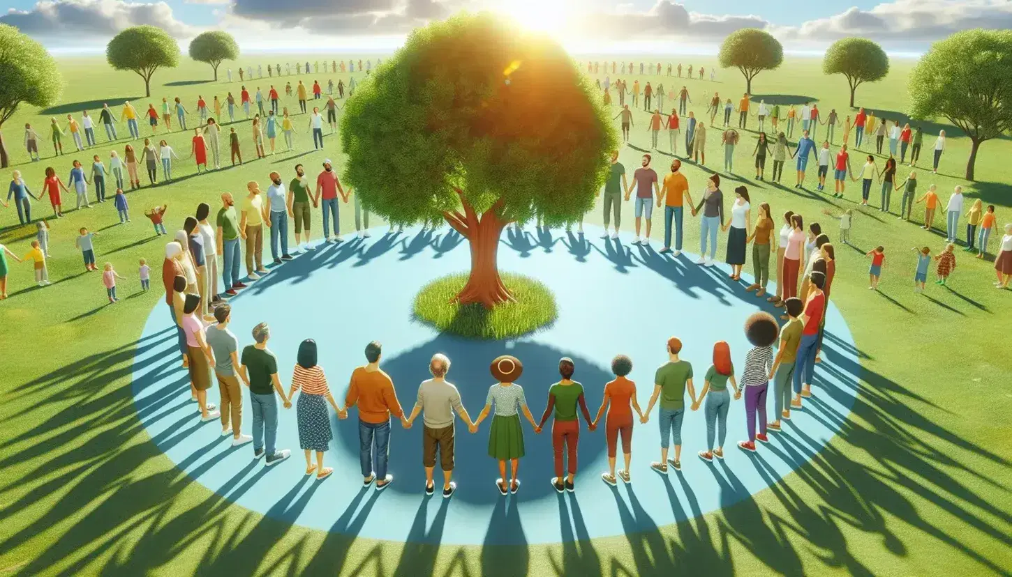 Grupo diverso de personas unidas de la mano en círculo alrededor de un árbol frondoso en un día soleado, reflejando unidad y naturaleza.
