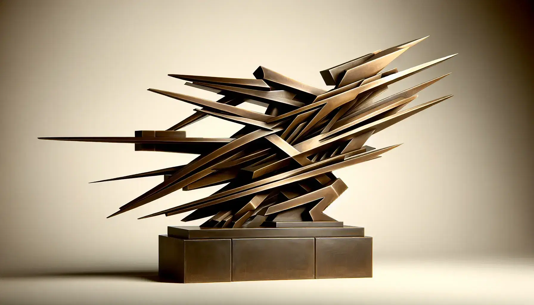 Scultura futurista in bronzo con linee dinamiche e forme geometriche che riflettono la luce, evocando movimento e velocità su sfondo neutro.