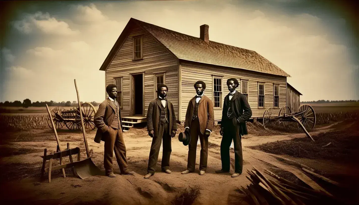 Three African American men in period clothing stand in front of a wooden schoolhouse, with a plow at the side, in a rural landscape under a blue sky.