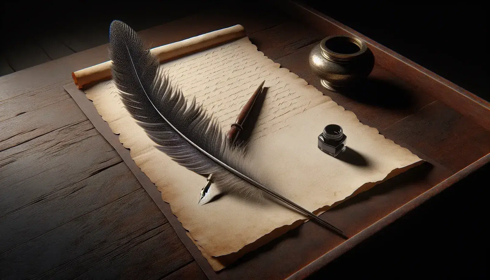 Quill pen on aged parchment with curled edge, beside a brass inkwell and unlit candlestick on a mahogany desk, evoking a historical writing scene.