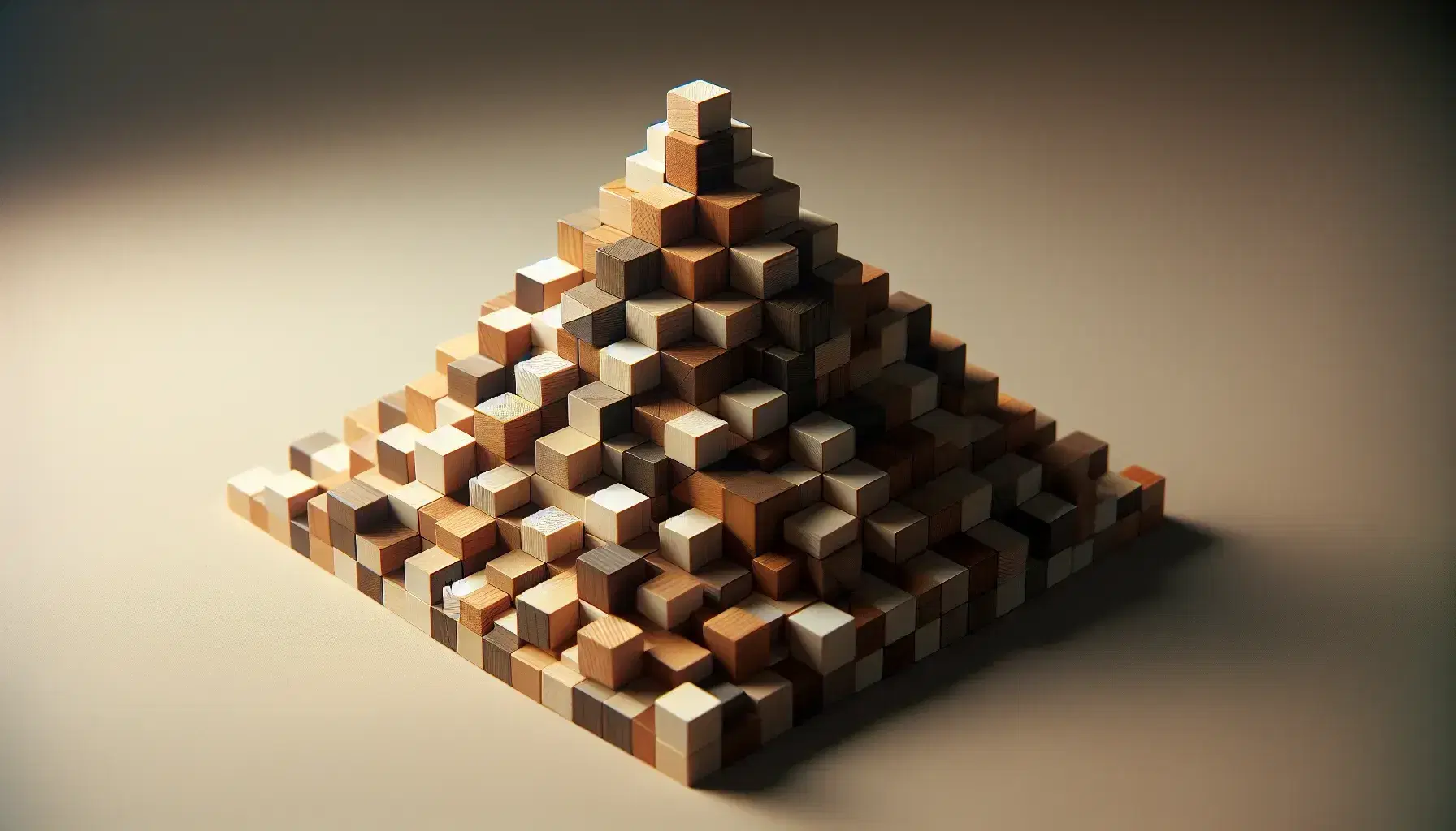 Piramide strutturata di blocchi di legno impilati in gradazione di colore da chiaro a scuro con ombre morbide su sfondo neutro.