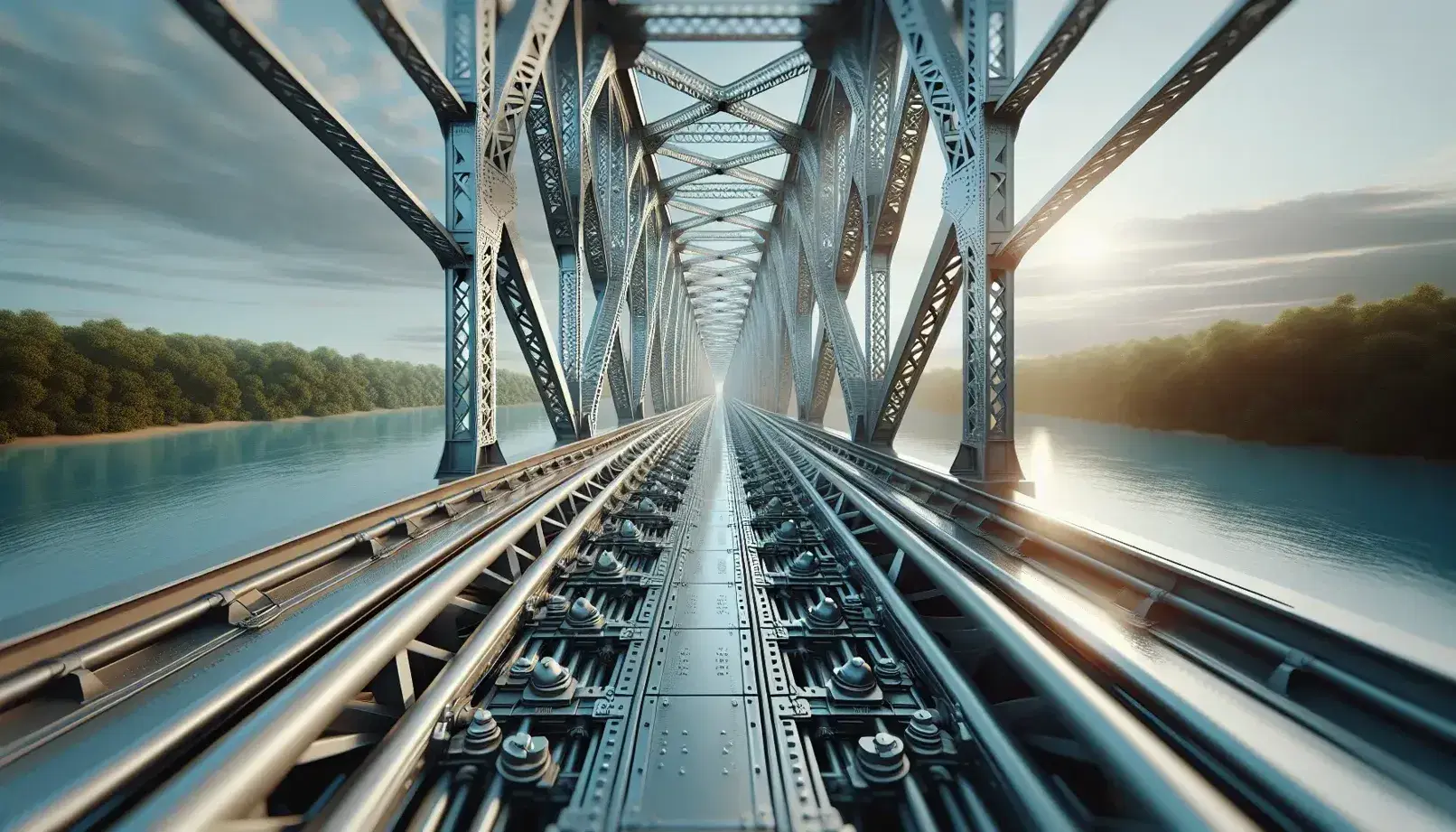 Ponte metallico a traliccio su fiume con giunti di dilatazione, cielo sereno e sole riflesso sulle acque tranquille, senza persone o veicoli.