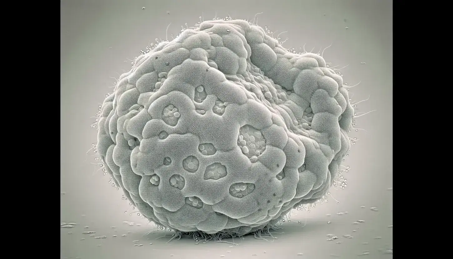 Close-up view of Amoeba proteus with visible nucleus and pseudopodia, showcasing cytoplasmic vacuoles against a light beige background.