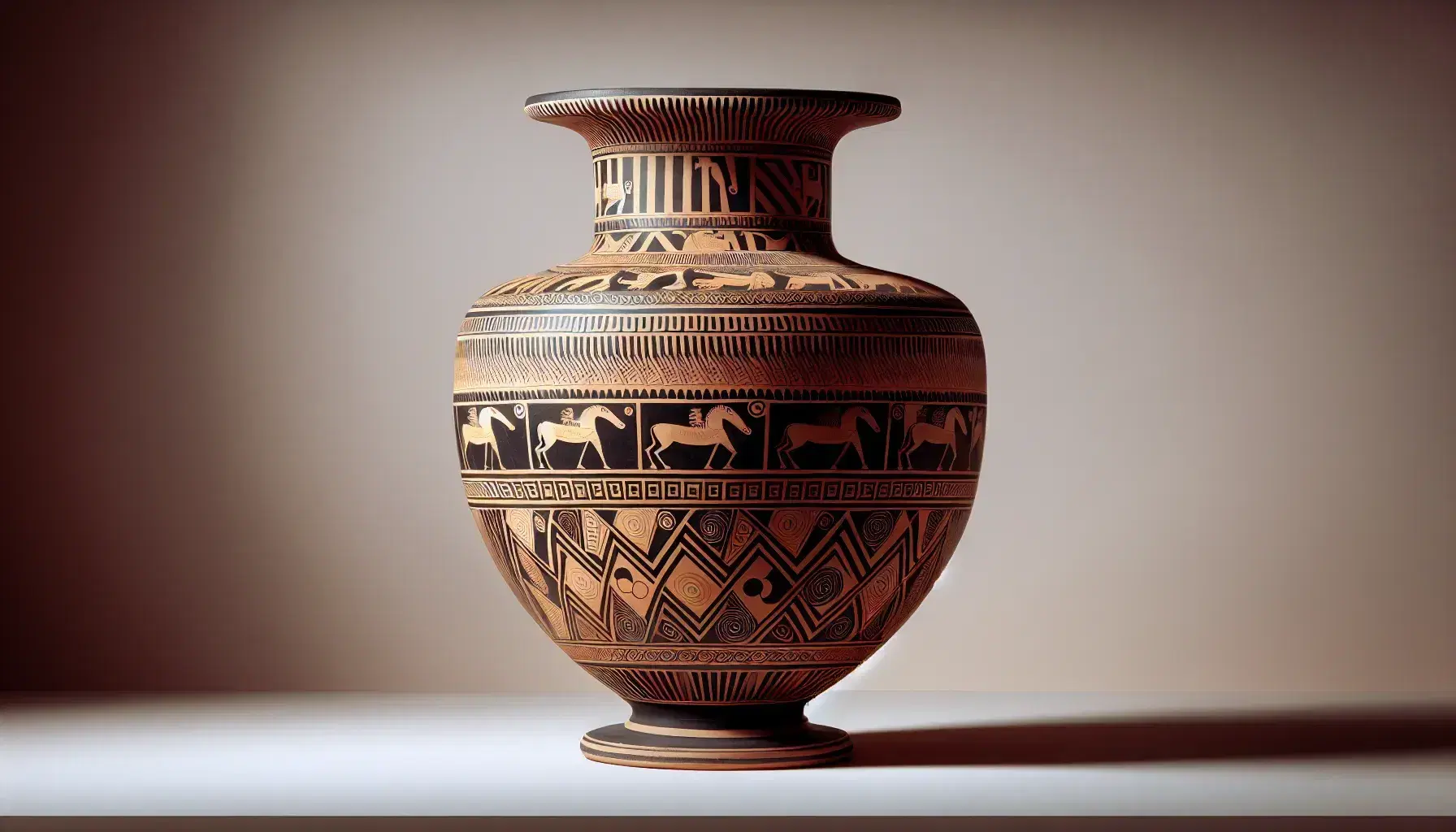 Vaso greco antico del periodo geometrico con motivi intricati, figure umane stilizzate e animali su sfondo terracotta.