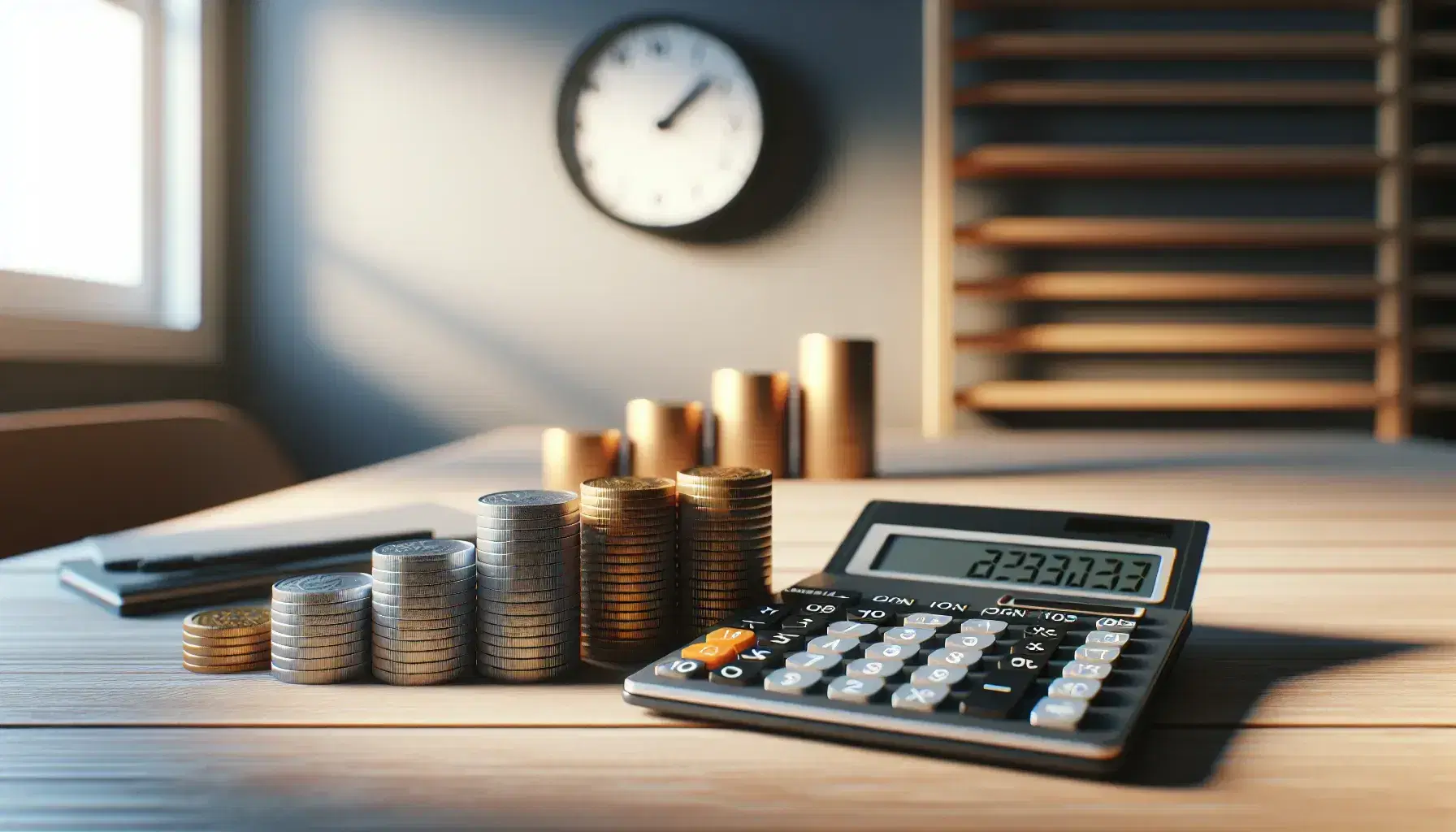 Calculadora científica en mesa de madera con monedas apiladas en orden creciente y reloj de pared desenfocado al fondo.
