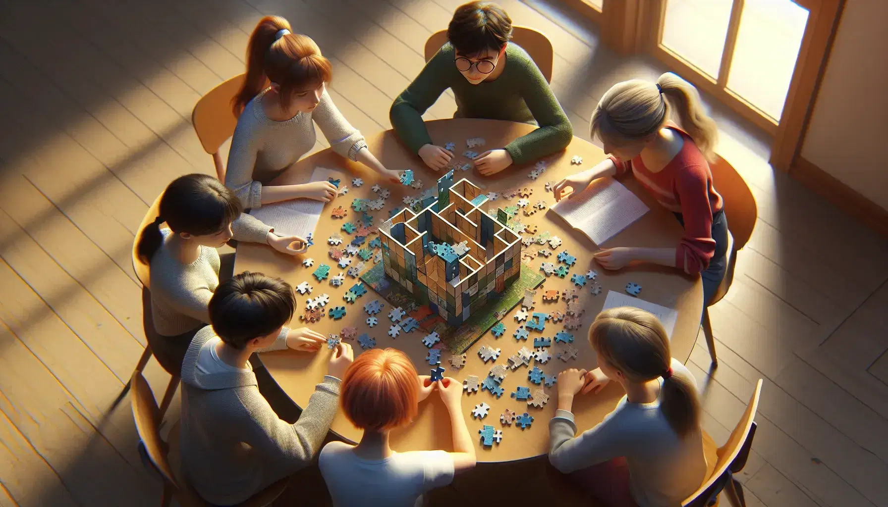 Gruppo di cinque studenti collabora a un puzzle tridimensionale su tavolo rotondo, con pezzi colorati sparsi e luce naturale.