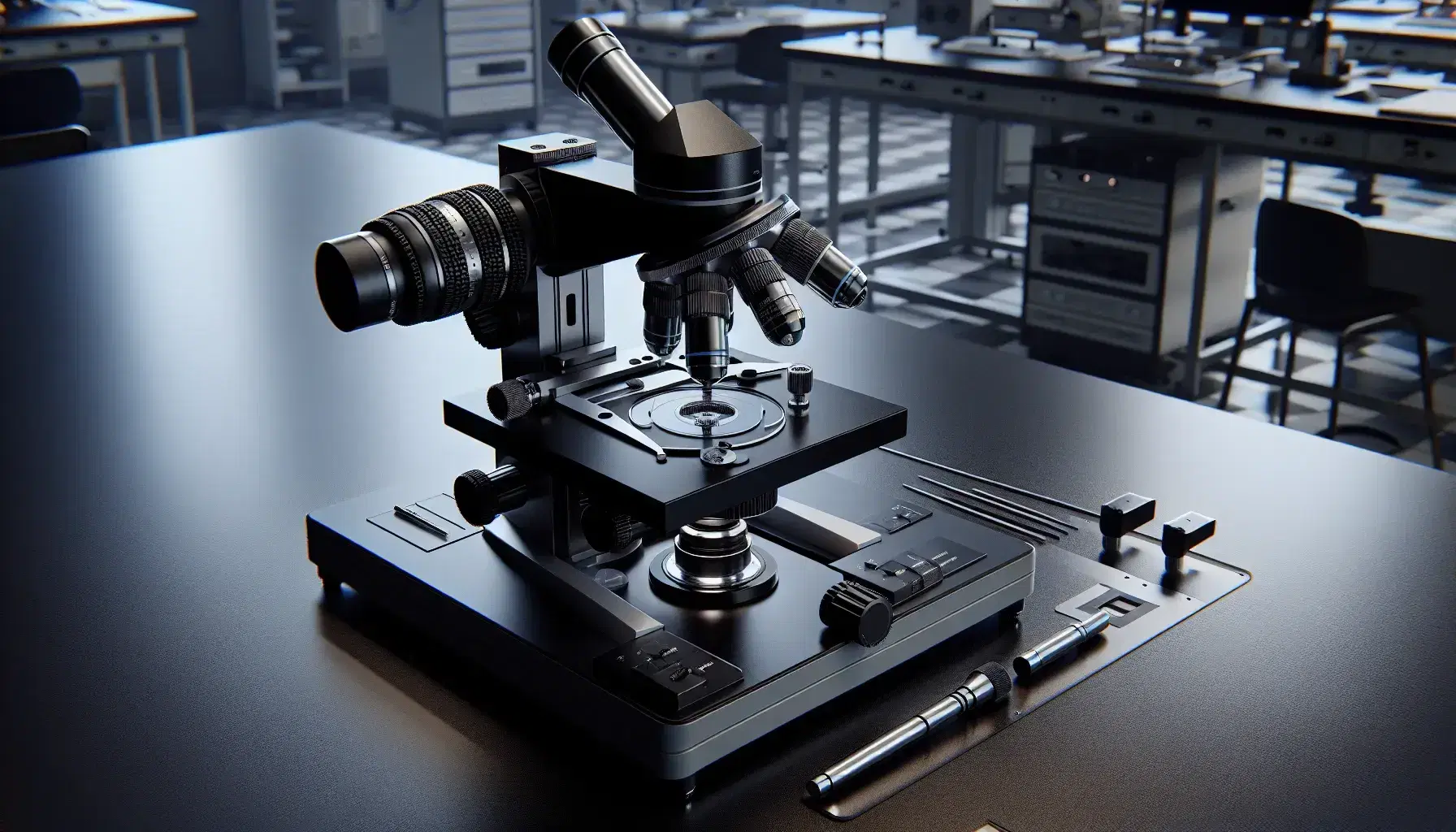 Microscopio óptico de laboratorio con base negra, brazo metálico, ocular con borde de goma, revolver con cuatro objetivos y platina con pinzas, sobre mesa clara.