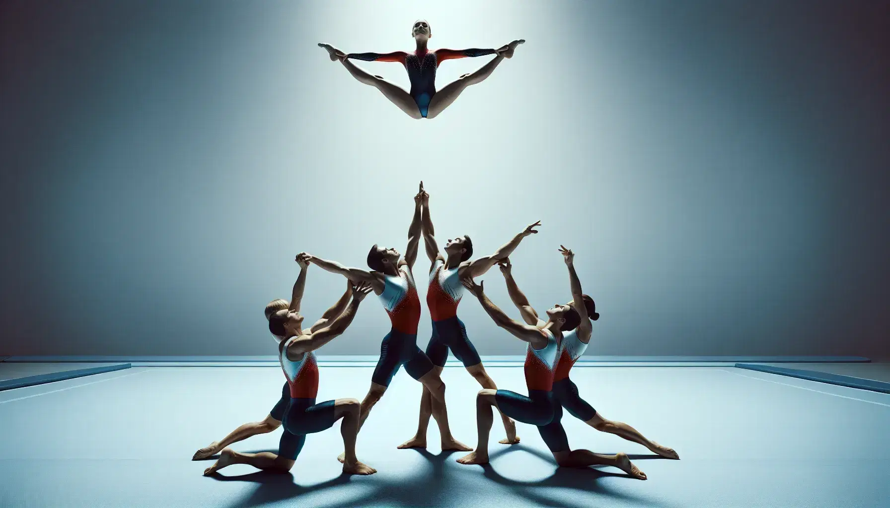 Atletas realizando figura de acrosport con una persona sosteniendo a otra en posición horizontal y dos apoyando las piernas, sobre colchoneta azul y fondo blanco.