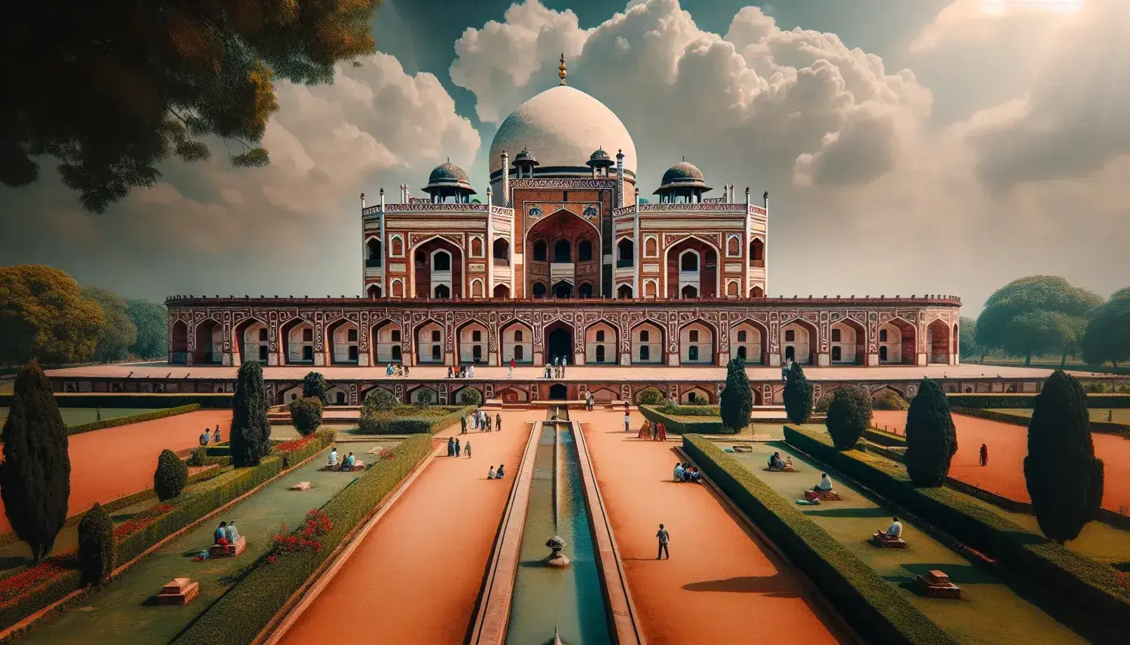 Humayun's Tomb in Delhi, India, with its white marble dome and red sandstone, set against a clear blue sky, surrounded by lush Charbagh-style gardens and visitors.