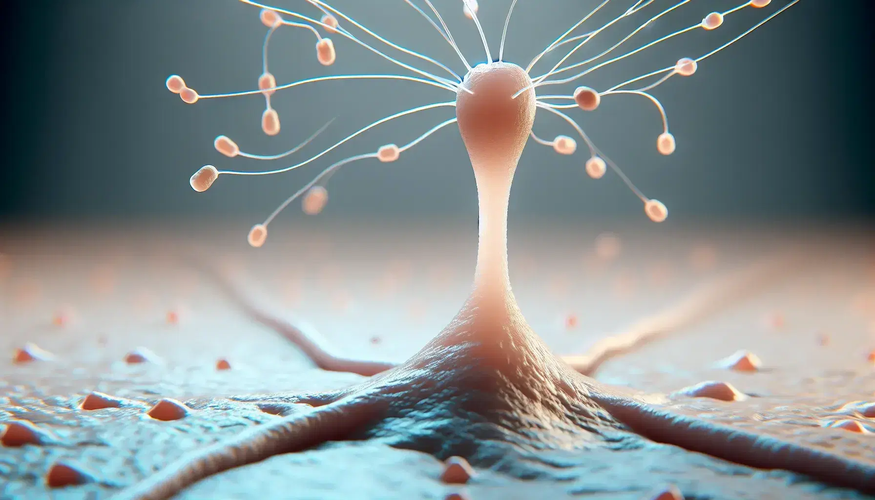 Modello 3D di sinapsi neuronale con terminazione neuronale rosa, filamenti grigi di neurotrasmettitori e recettori color ambra.