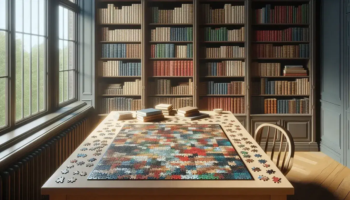 Mesa de madera con rompecabezas a medio armar, estantería repleta de libros variados y planta verde al lado, en una biblioteca iluminada naturalmente.