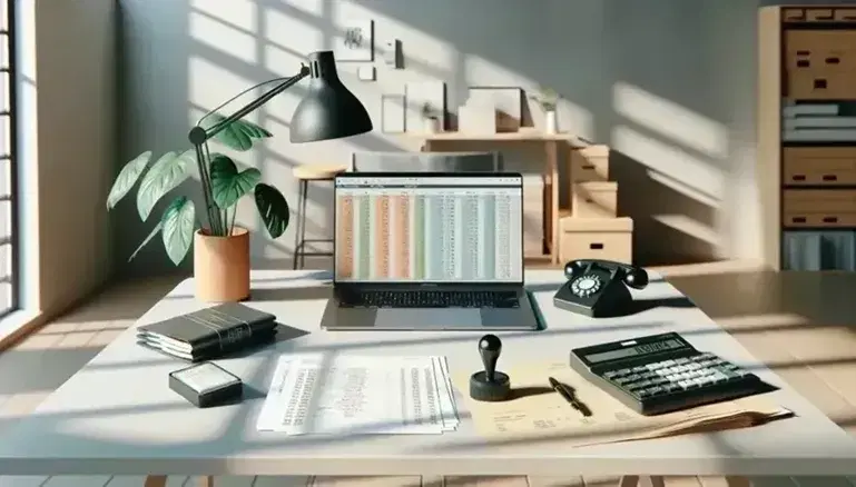 Oficina moderna con escritorio claro, calculadora grande, recibos apilados, sello, teléfono fijo y portátil con gráficos de barras, junto a planta interior y ventana que aporta luz natural.
