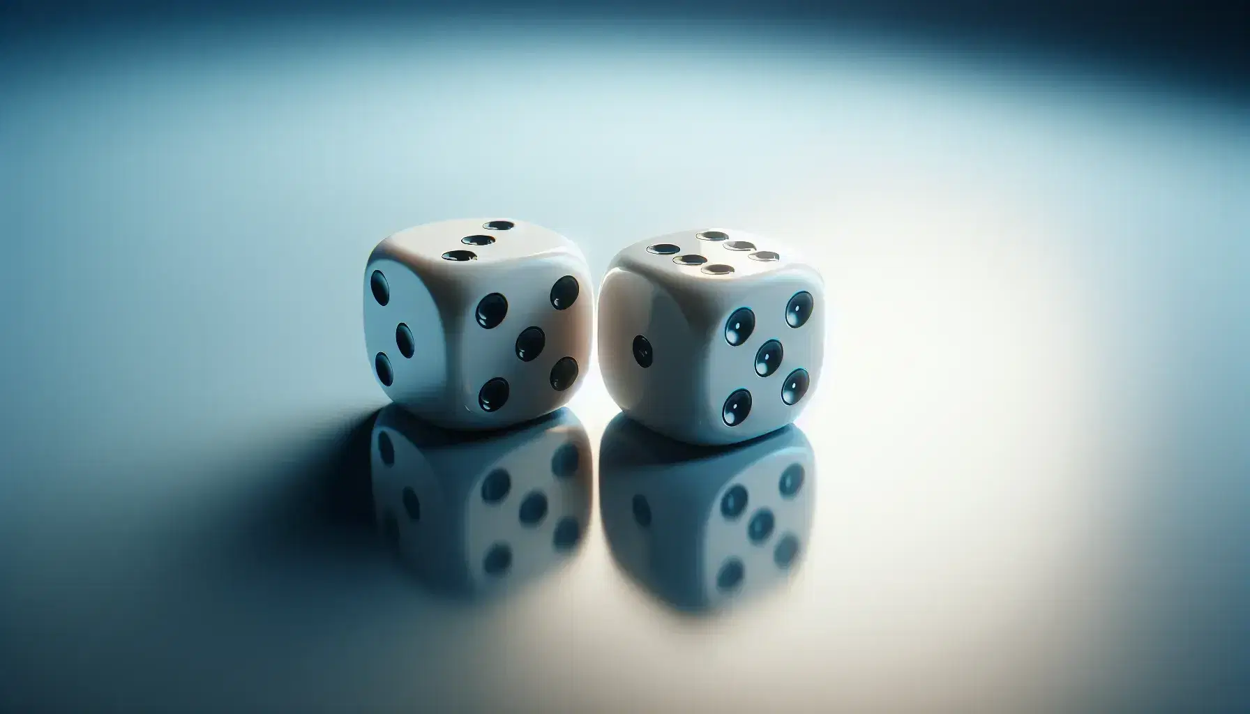Two white dice with rounded corners on reflective surface, one shows five and the other three, light shadows, blue-gray gradient background.