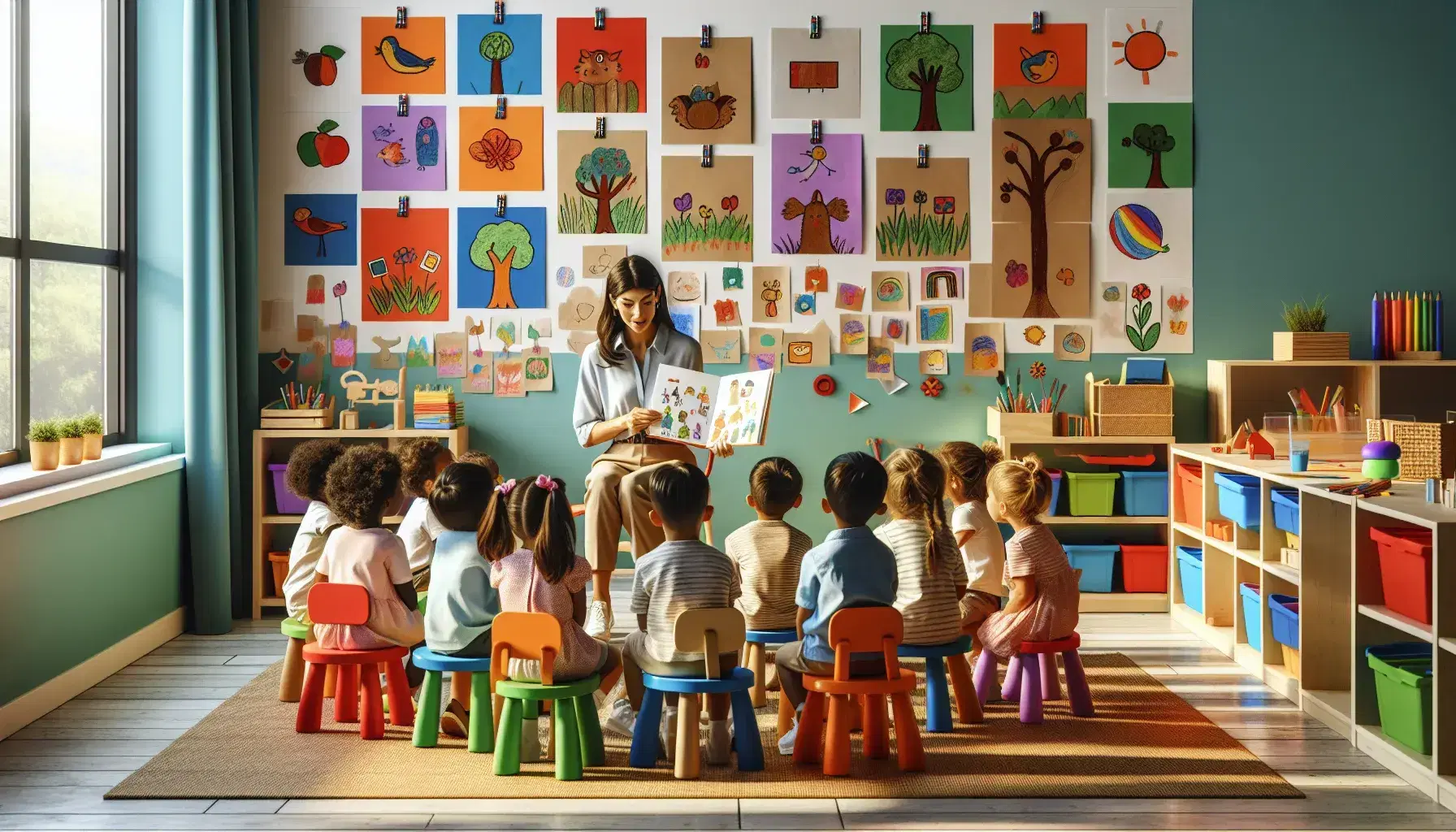 Aula colorata con bambini attenti a insegnante che legge un libro, pareti decorate con disegni e giochi educativi sul tavolo.