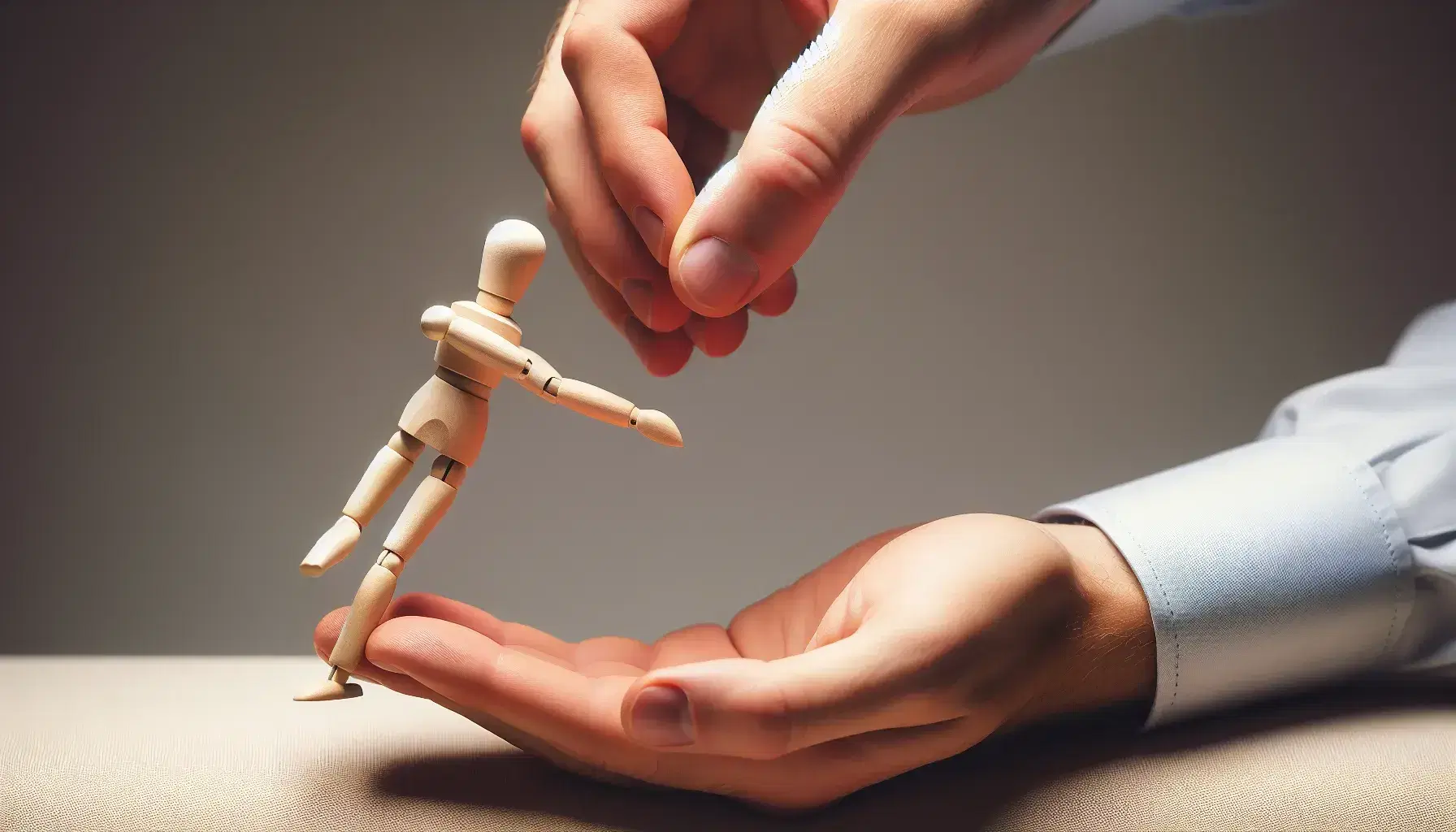 Manos sosteniendo figuras humanas de madera en gesto de apoyo y equilibrio sobre fondo neutro, simbolizando ayuda psicológica o terapéutica.