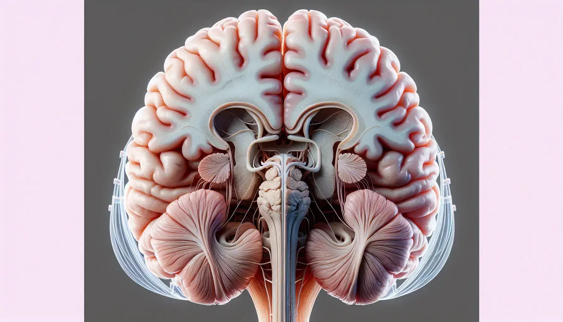 Vista superior de un cerebro humano realista con hemisferios, surcos y giros detallados, y meninges azul claro, sobre fondo neutro.