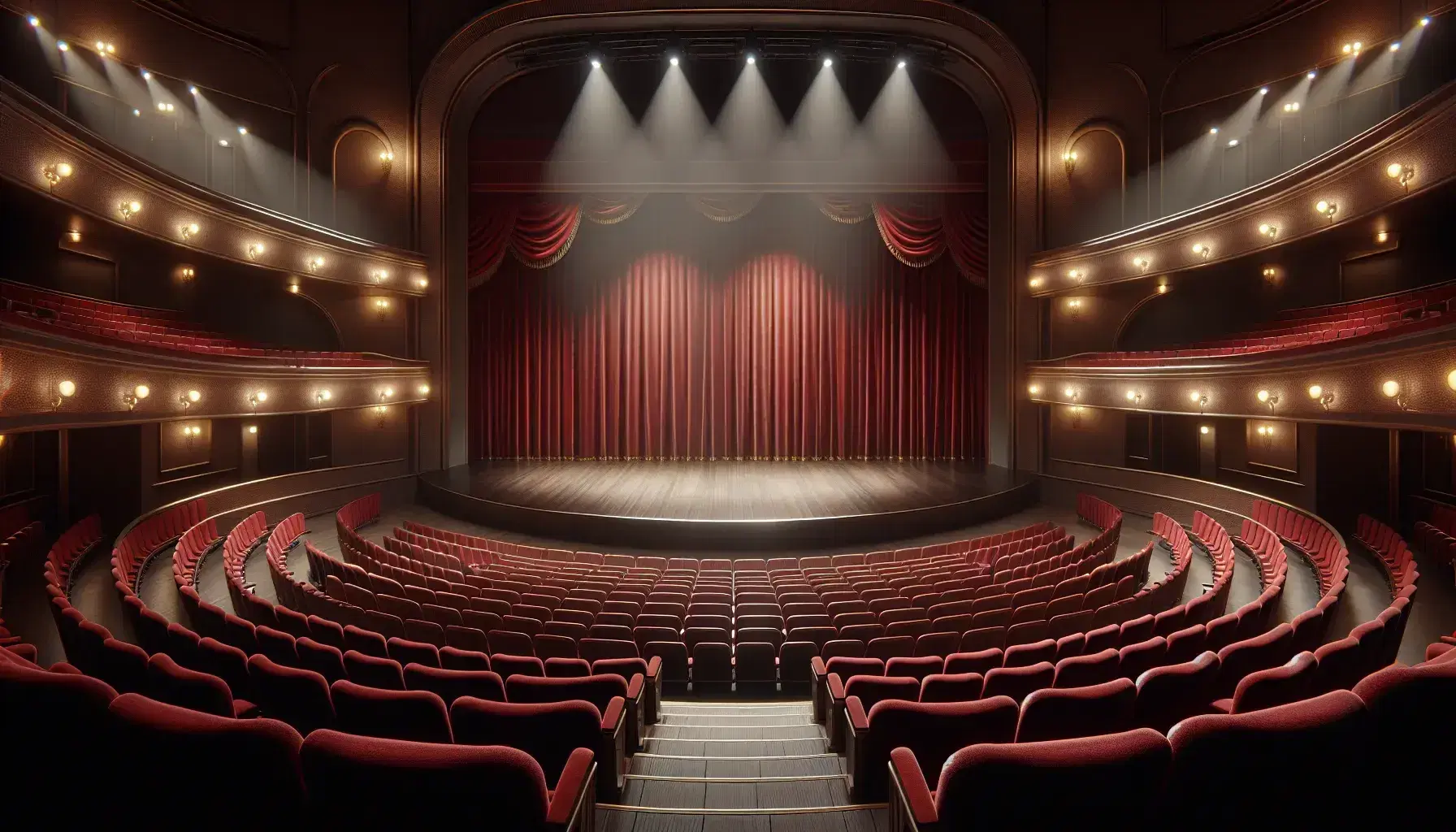 Escenario de teatro vacío con asientos de terciopelo rojo, cortinas laterales recogidas y luces de escenario apagadas, listo para una función.