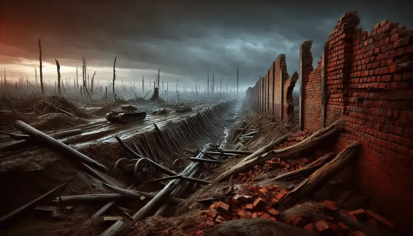 Desolate battlefield with crumbled brick wall, churned earth, trenches, splintered tree trunks, and rusting tank remains under a dark, heavy sky.